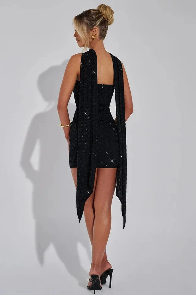 Elegant Sparkle Scarf Collar Strapless Backless Mini Dress