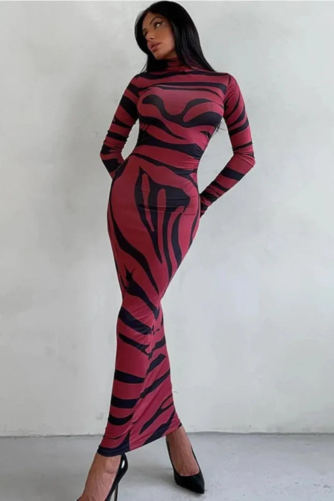 Printed Long Sleeve High Waist Maxi Dress