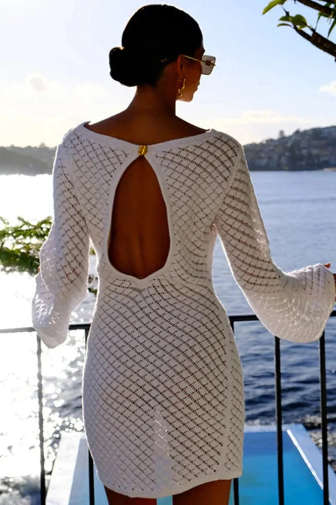 Backless Long Sleeve Knit See Through Mini Dress