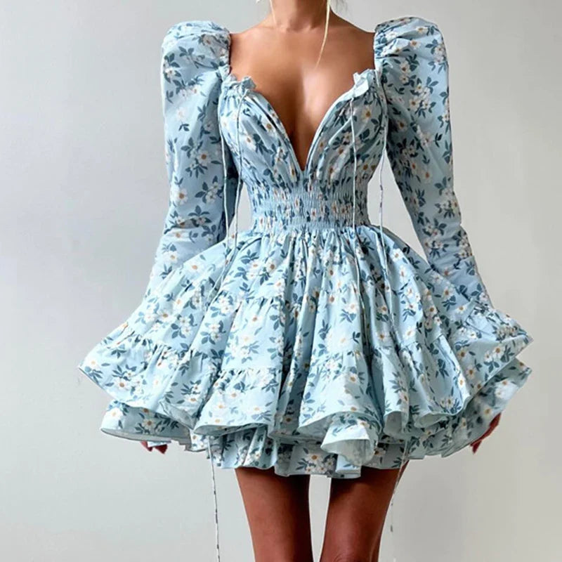 Printed Lace Up V-Neck Long Sleeve Elegant A-Line Mini Dress