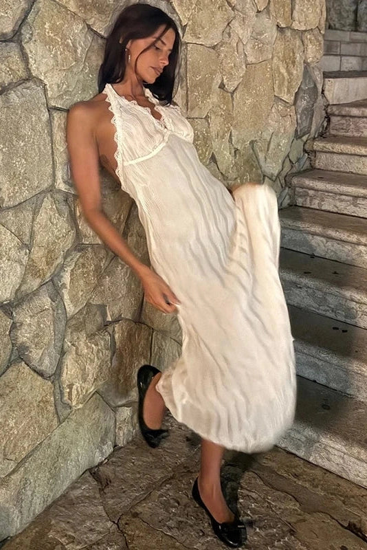 Deep V-Neck Lace Sleeveless Backless Midi Dress