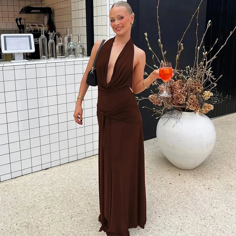 Halter Neck V-Neck Backless Sleeveless Maxi Dress