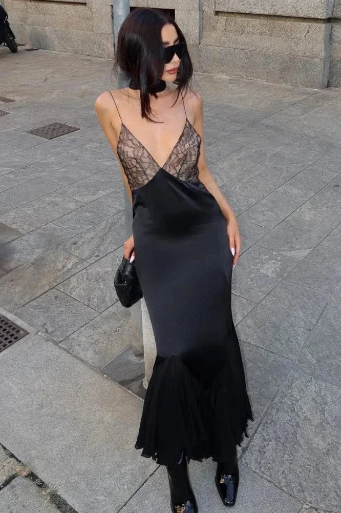 Lace Deep V Neck Mesh Slim Maxi Dress