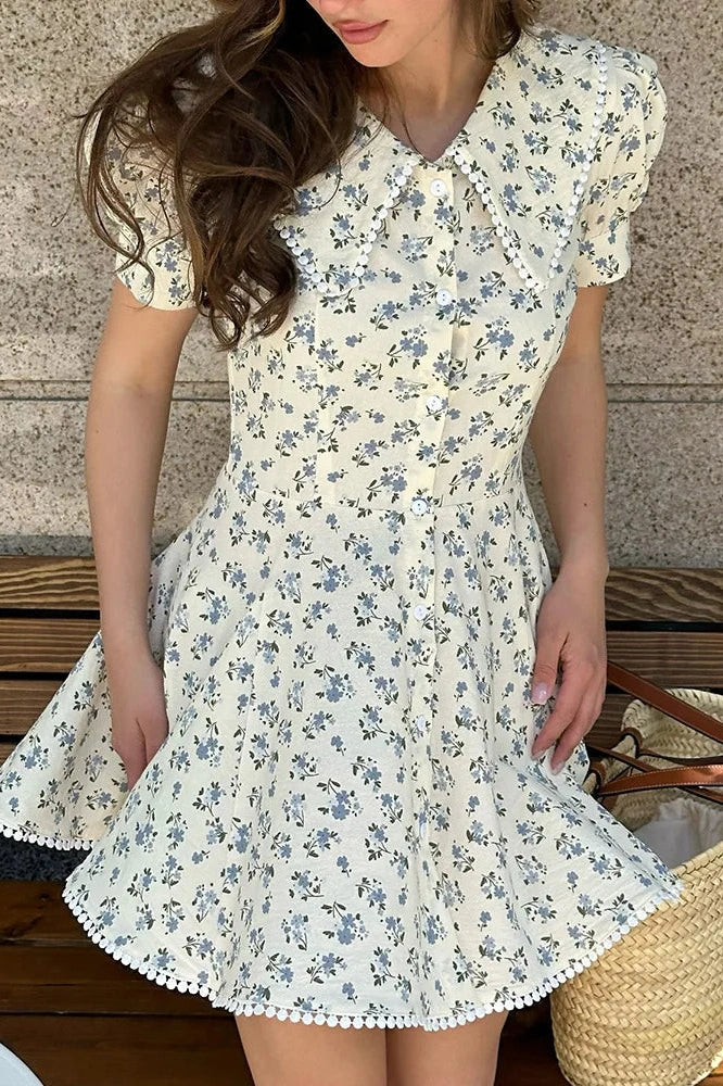Elegant Floral Short-Sleeved Slim Single-Breasted Mini Dress