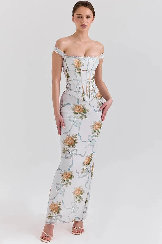 Printed Off-Shoulder Sleeveless Backless Bodycon Maxi Dress