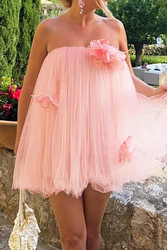 Off-Shoulder Strapless High Waist Pleated Mini Dress