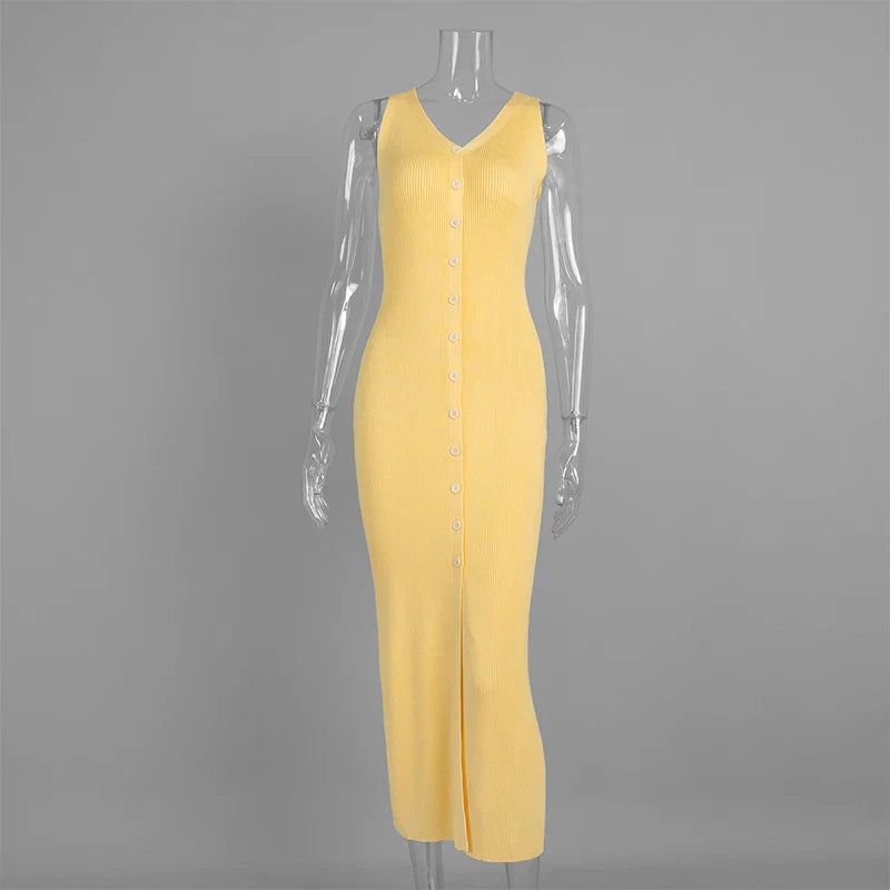 V-Neck Knitted Sleeveless Slim Maxi Dress