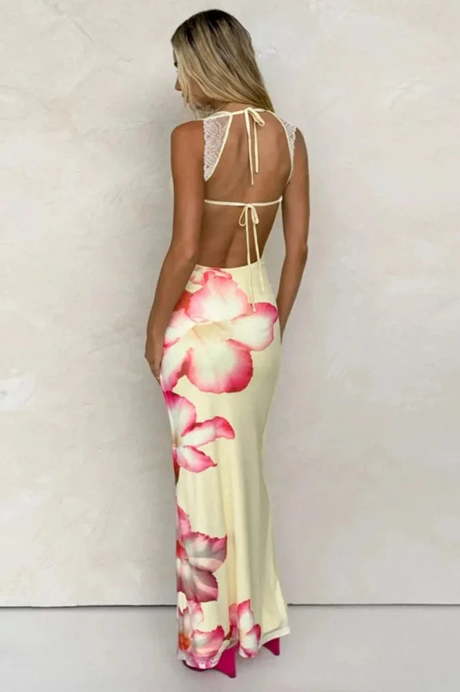 Lace Printed Square Collar Sleeveless Lace-Up Bodycon Maxi Dress