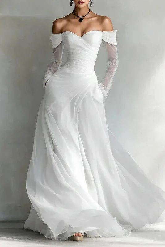 Off Shoulder High Waist Pleated Long Sleeve Slim Maxi Dress