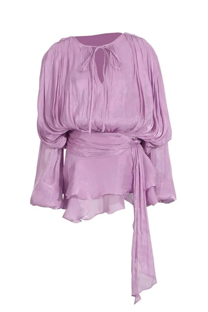 Elegant Pleated Long Sleeve High Waist Mini Dress
