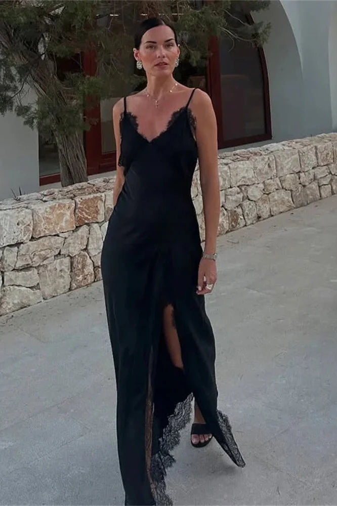 Lace Printed V-Neck Slim Patchwork Bodycon Maxi Dress