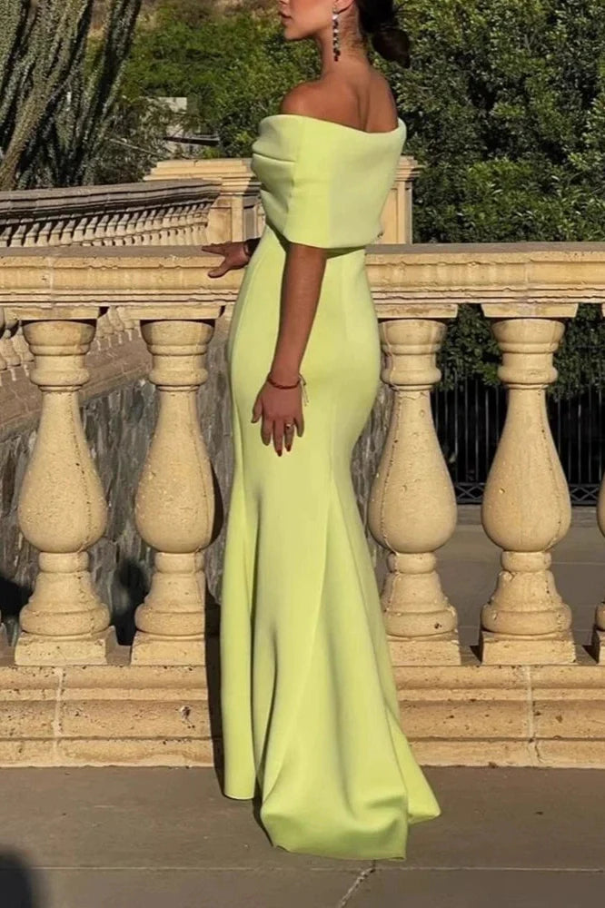High Waist Off-Shoulder Slim Pleated Maxi Dress