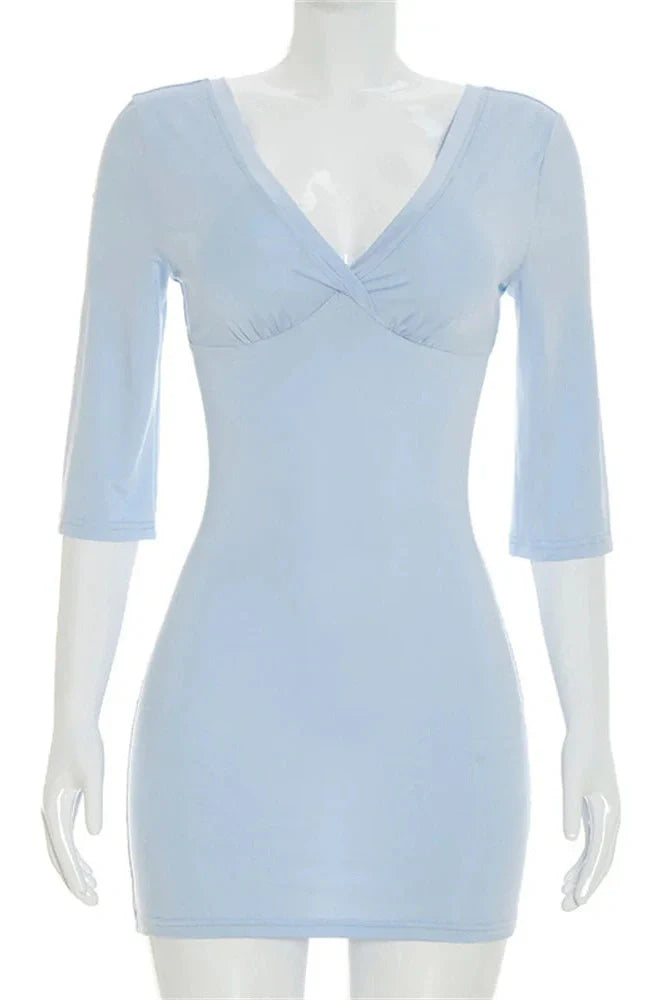 V-Neck Slim Long Sleeve High Waist Patchwork Mini Dress