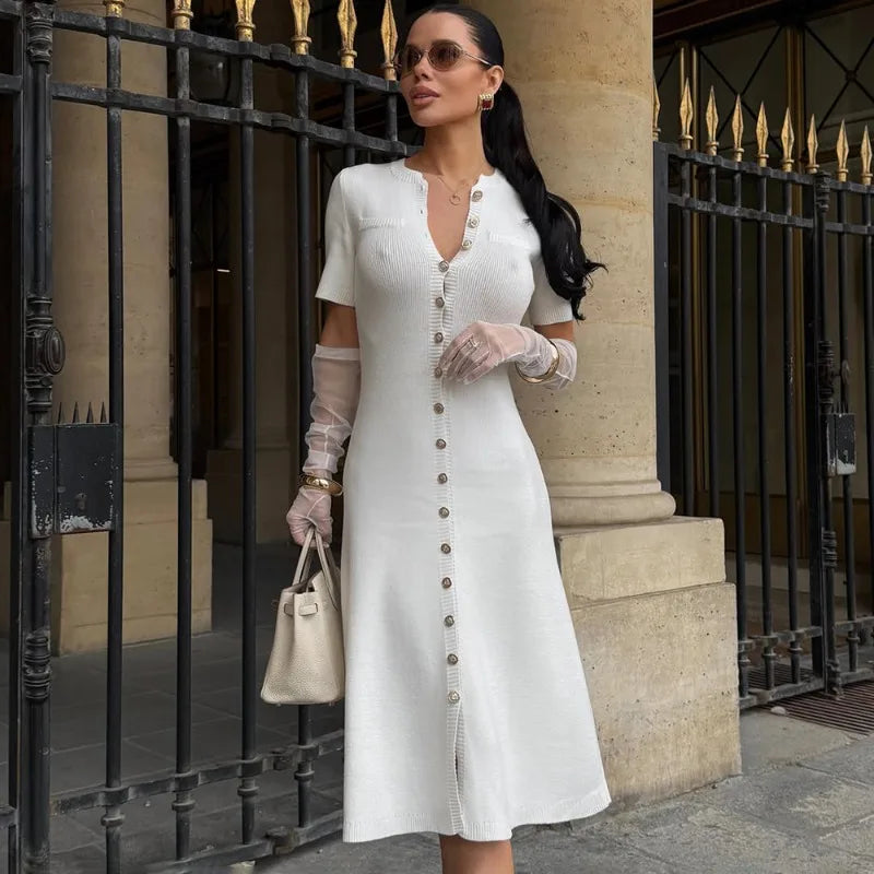 Elegant Single Breasted Patchwork Midi Dress