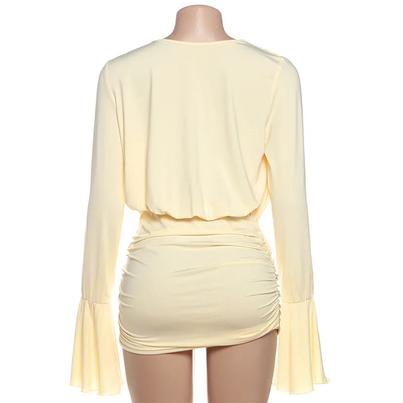 High Waisted V-Neck Pleated Long Sleeved Mini Dress