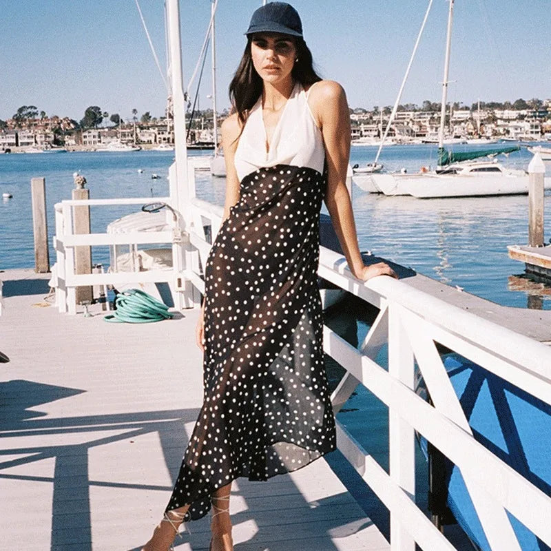 Polka Dot V-Neck Lace-Up Maxi Dress