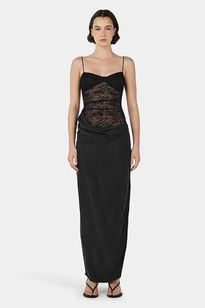 Lace Spaghetti Strap Backless High Slit Sleeveless Maxi Dress