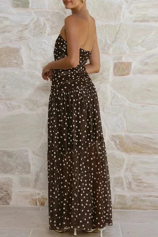 Sleeveless Pleated Printed Off-Shoulder Maxi Dress