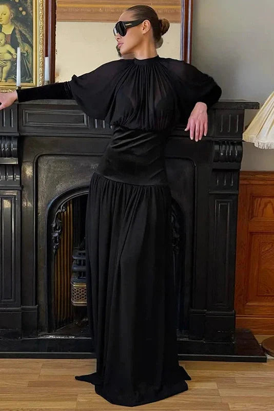 Elegant Round Neck Long Sleeve High Waist Slim Maxi Dress