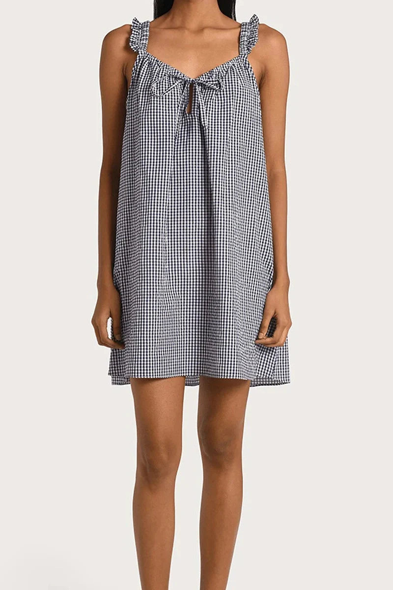 Sleeveless Tie-Up Plaid Loose Mini Dress