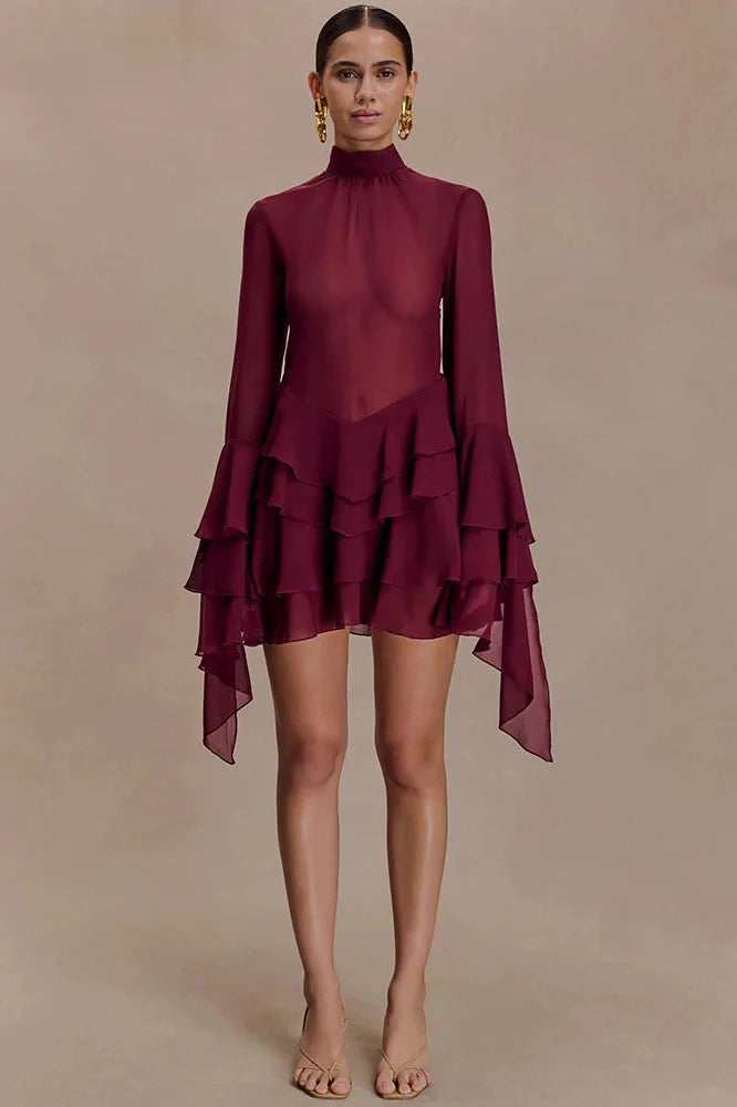 See Through Turtleneck Long Sleeve Mini Dress