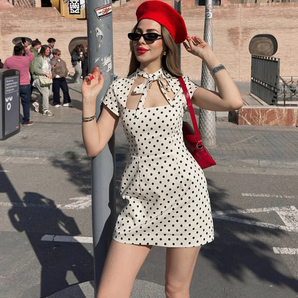 Elegant Polka Dot Lace-Up Hollow Out Mini Dress