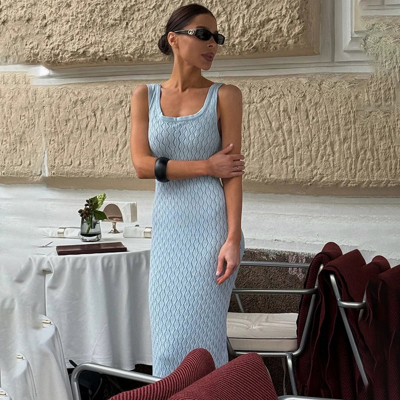 Hollow Knitted Sleeveless Maxi Dress