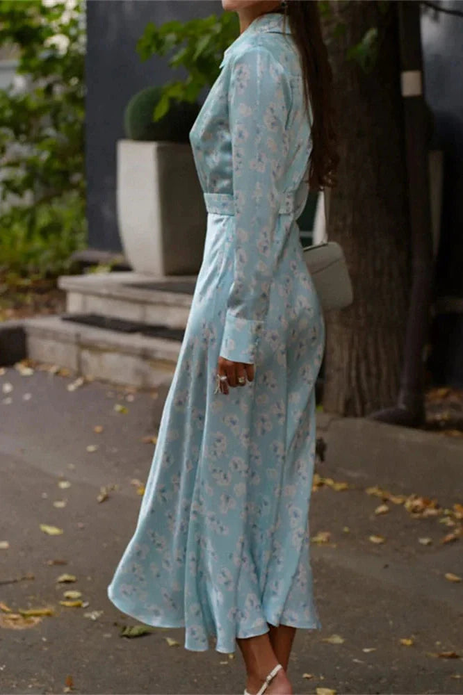 Printed Long Sleeve High Waist Slim Midi Dress