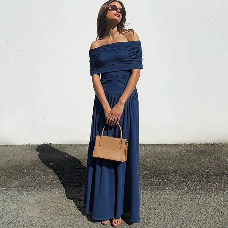 Off Shoulder Patchwork Sleeveless Slit Slim Maxi Dress