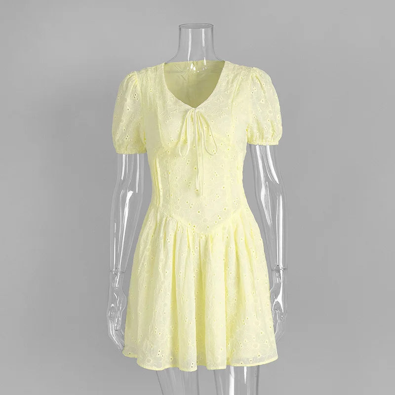 Lace Up V Neck Short Sleeve A-Line Mini Dress