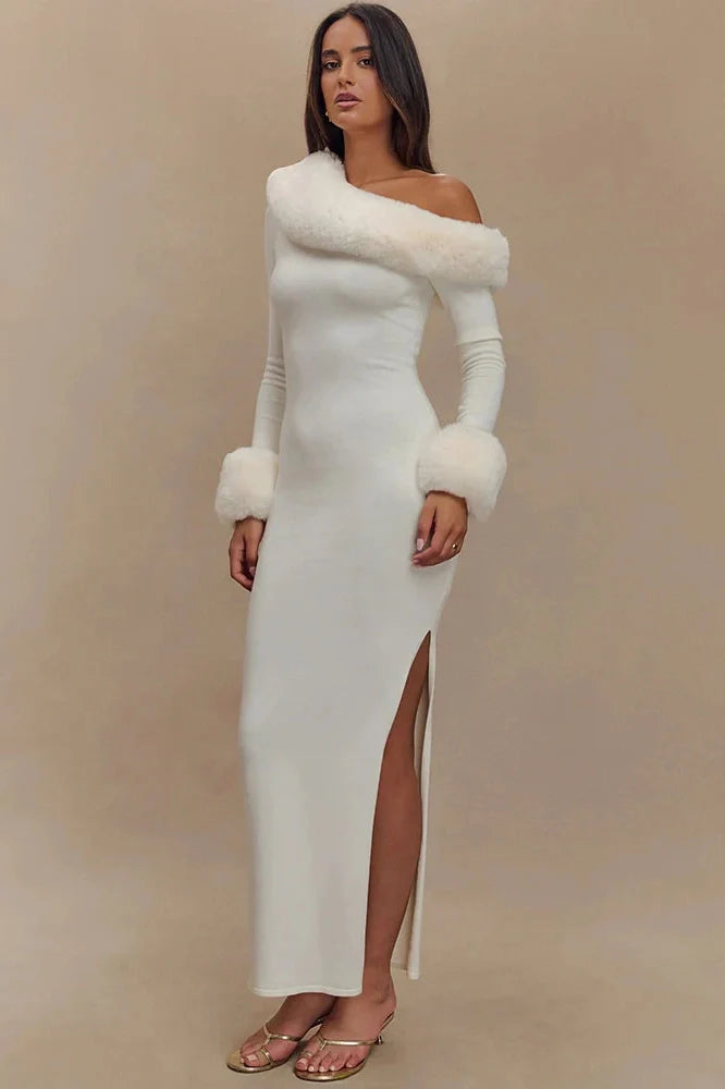 Backless Long Sleeve One Shoulder High Split Maxi Dress