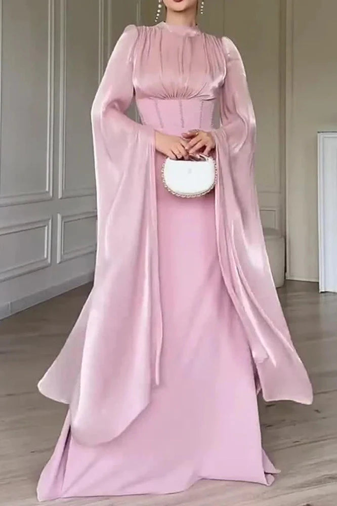 Elegant O-Neck Split Sleeve Slim Pleated High Waist Maxi Dress