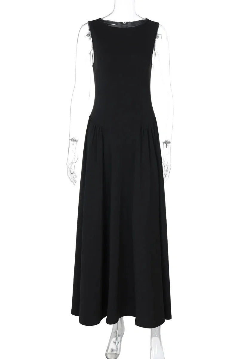 Sleeveless Pleated O Neck High Waist A-Line Midi Dress