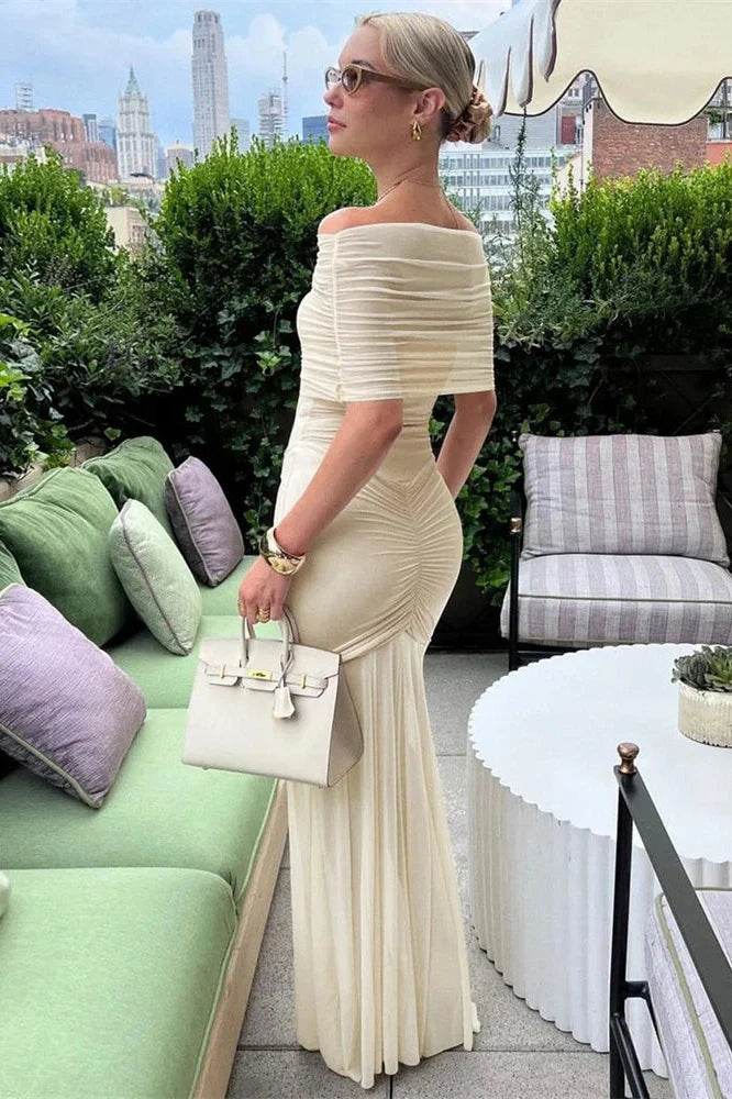 See-Through Pleated Patchwork Off-Shoulder Maxi Dress