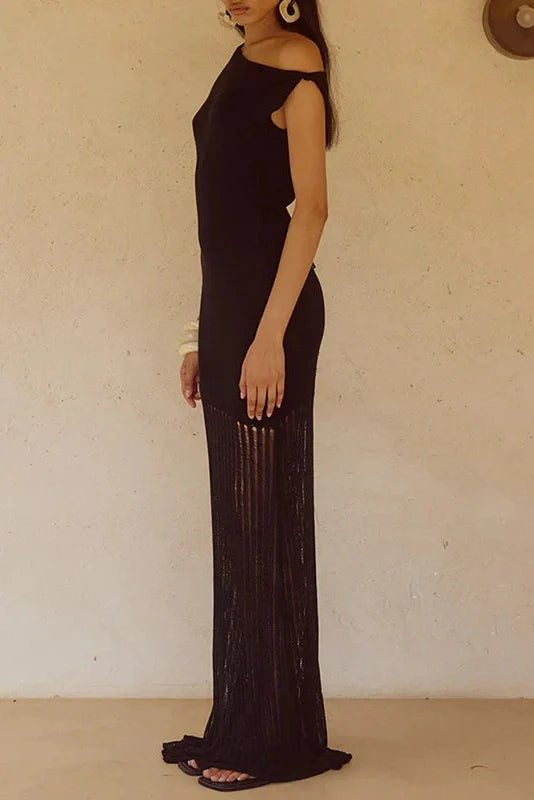 Knitted Slash Collar High Waist Slim Maxi Dress
