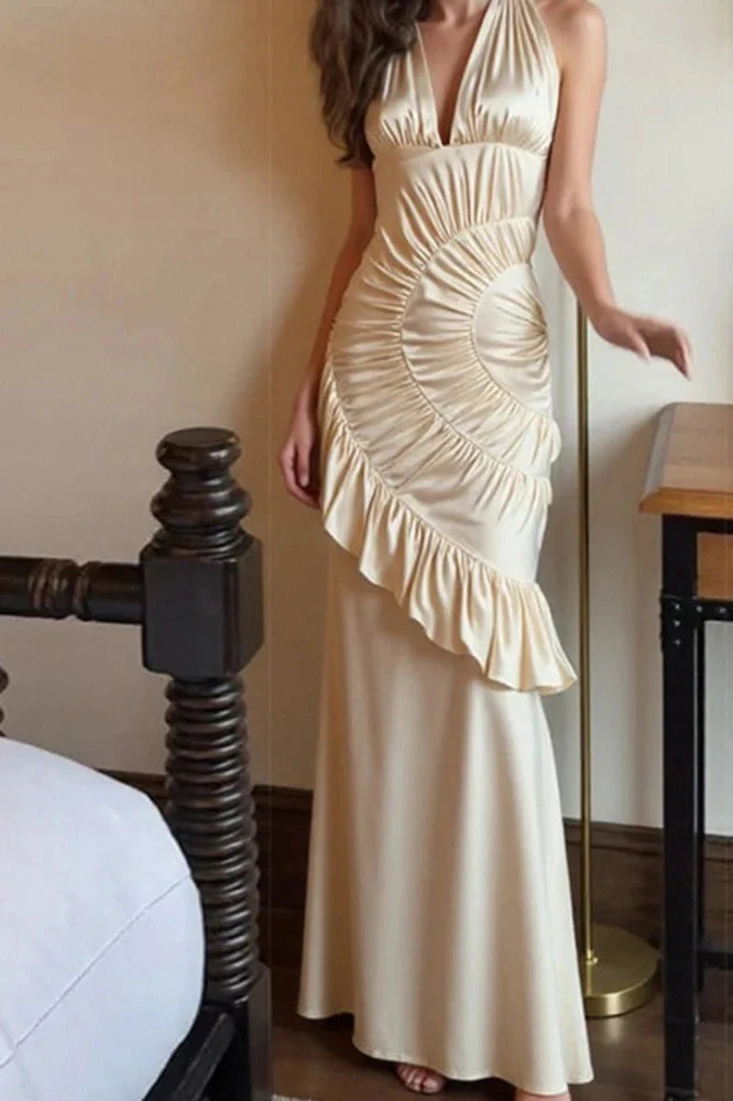 Elegant Backless Off-Shoulder Fit High Waist Pleated Irregular Maxi Dress