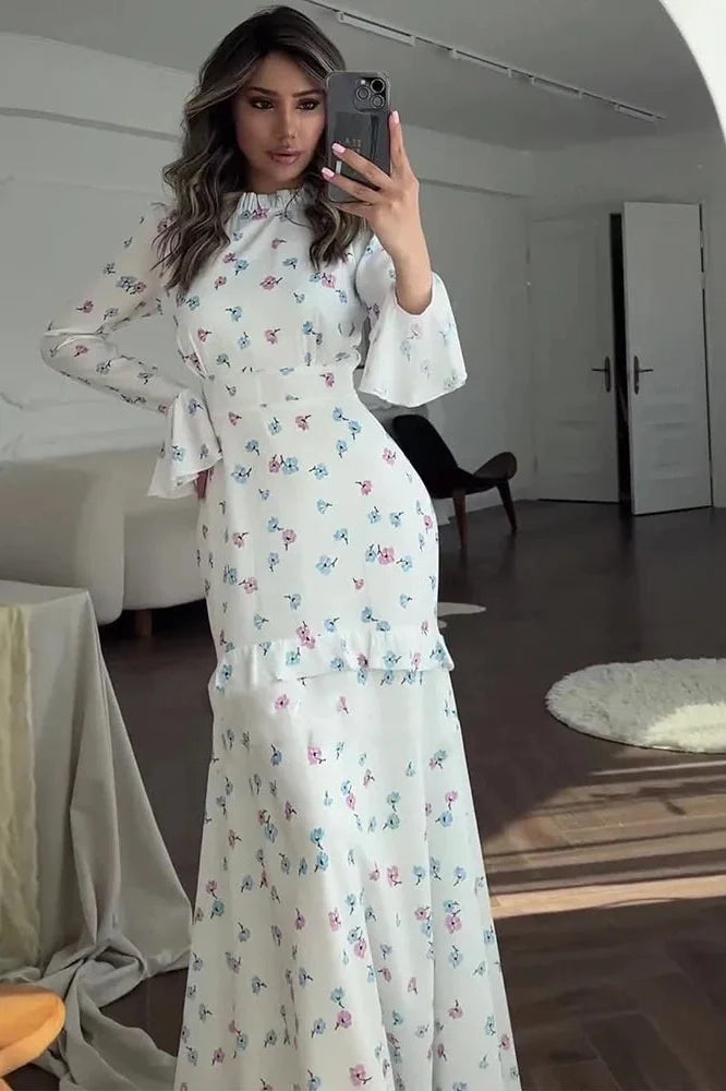 Printed Long Sleeve Slim Fit Lace Maxi Dress