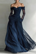 Off Shoulder High Waist Pleated Long Sleeve Slim Maxi Dress