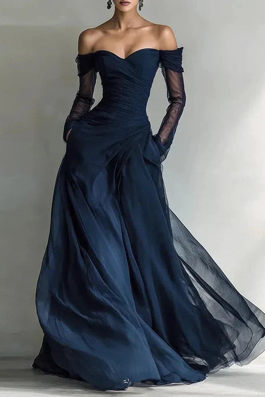 Off Shoulder High Waist Pleated Long Sleeve Slim Maxi Dress