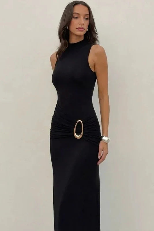 Elegant Backless Slim Sleeveless High Waist Round Neck Maxi Dress