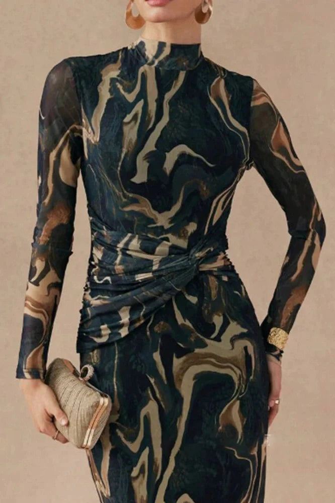Printed Slim O-Neck Long Sleeve High Waist Maxi Dress
