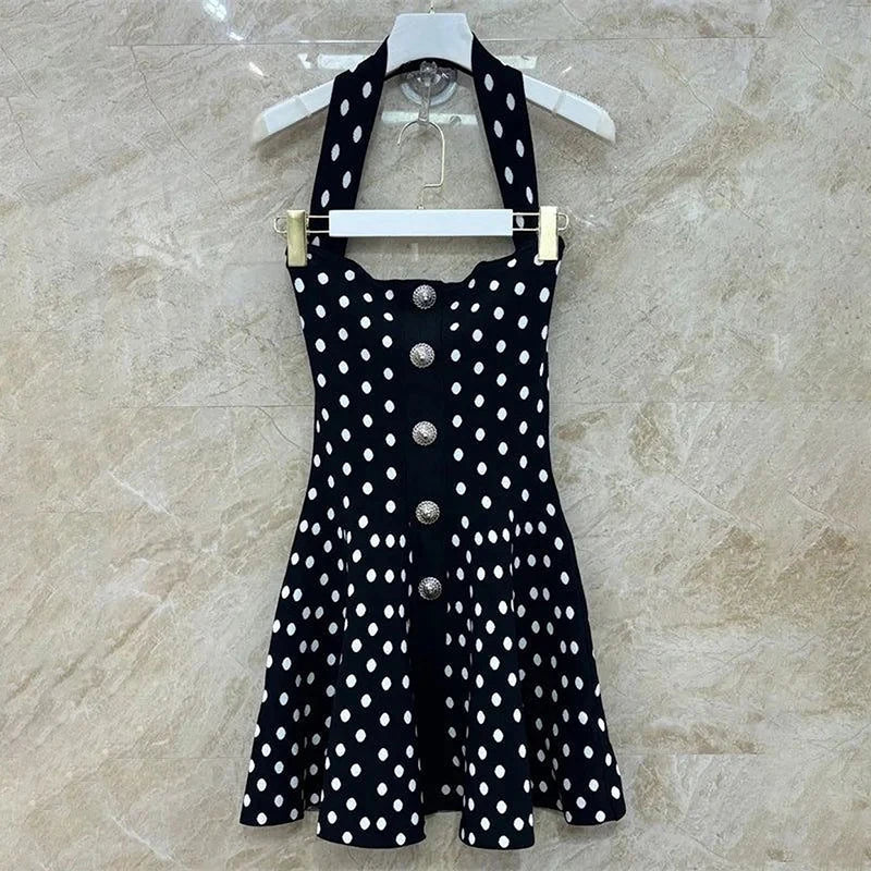Polka Dot Knitted Backless A-Line Mini Dress