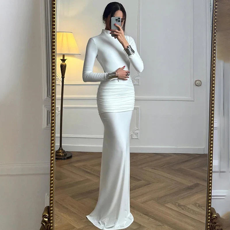 Backless Slim Turtleneck Long Sleeve Maxi Dress