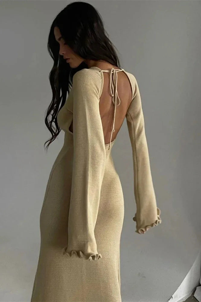 Backless Knit Lace-Up High Waist Long Sleeve Maxi Dress