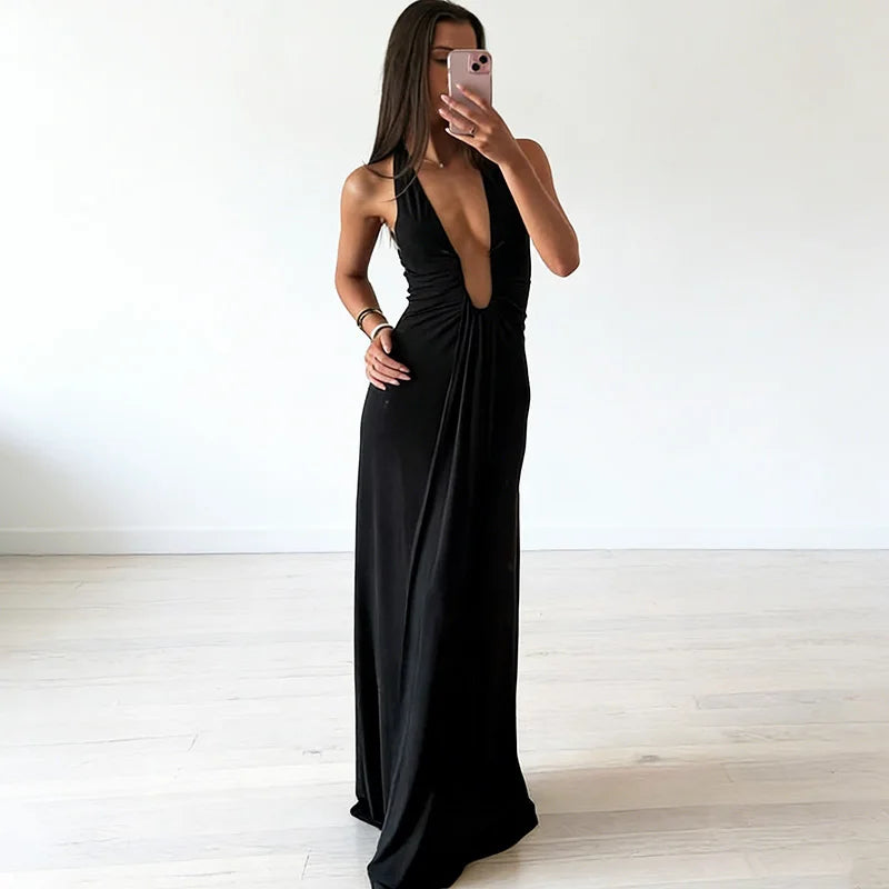Deep V-Neck High Waist Ribbon Patchwork Maxi Dress