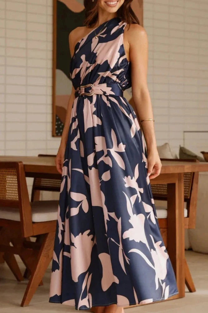 One Shoulder High Waist Pleated Sleeveless Maxi Dress