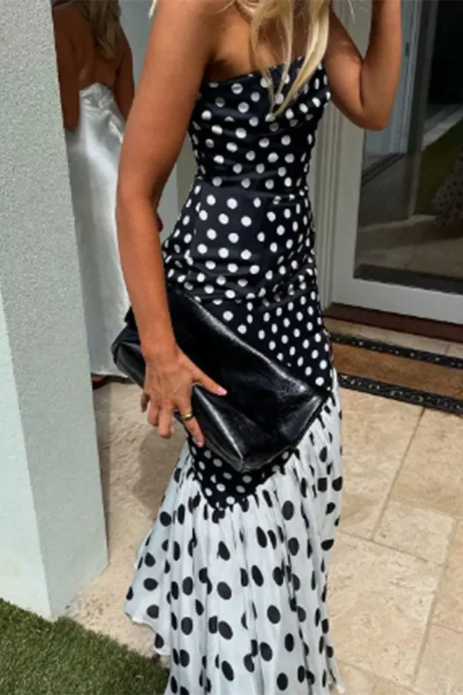 Elegant Split Polka Dot Printed Strapless High Waist Maxi Dress