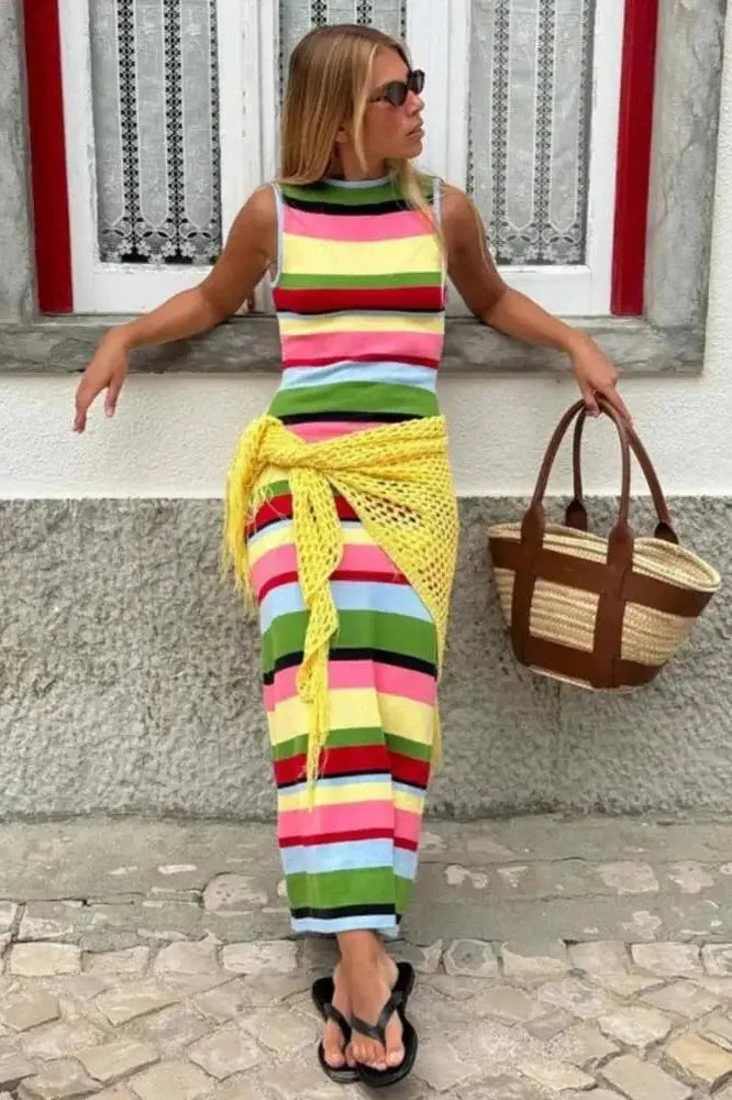 Striped Knit Patchwork Sleeveless Bodycon Maxi Dress