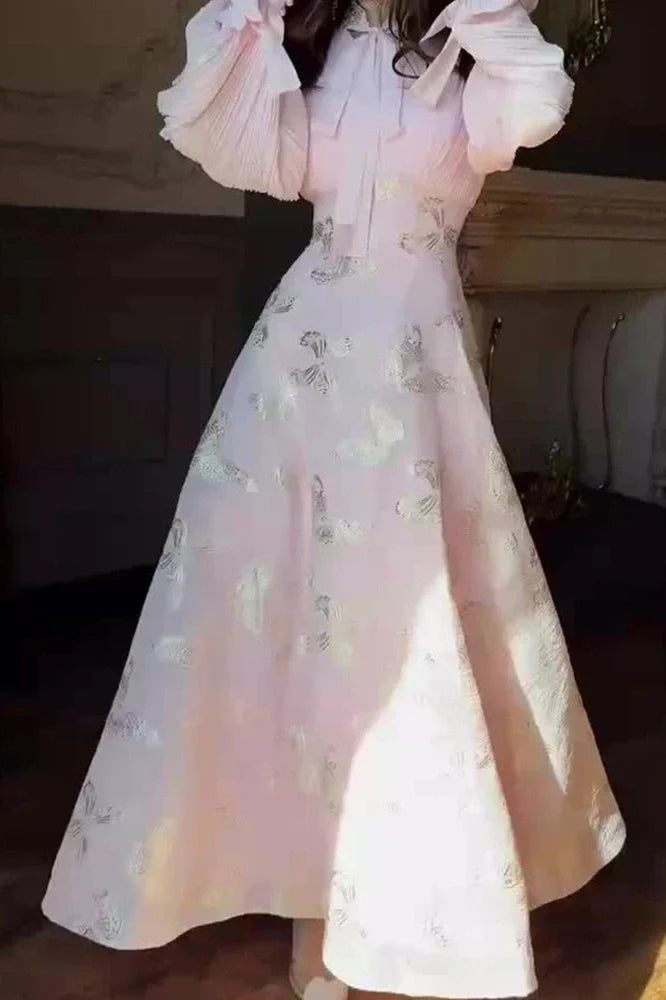 Elegant High Waist Printed Long Sleeve Pleated Maxi Dress