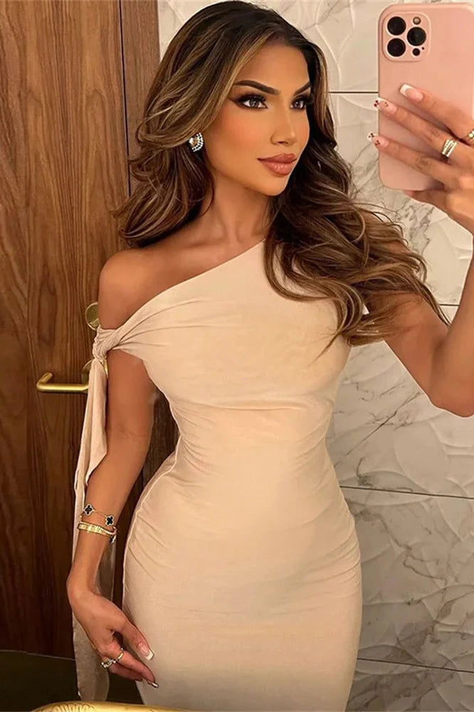 One-Shoulder Patchwork Slim Sleeveless Midi Dress